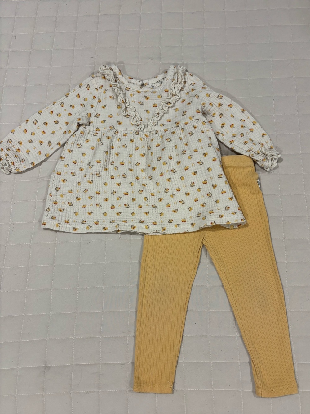 Rabbit Bear Organic Ruffled Gauzy Floral Tunic Top Mustard Ribbed Leggings Set2T